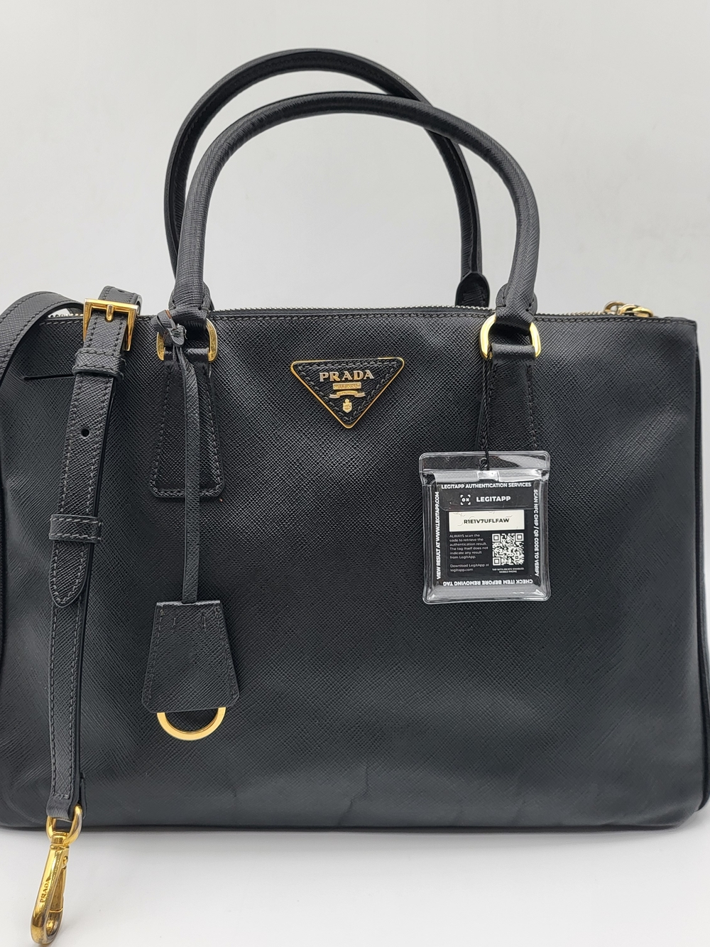 PRADA Black Saffiano Galleria Lux Leather Double Zip Medium Tote Bag,Auth w/COA.